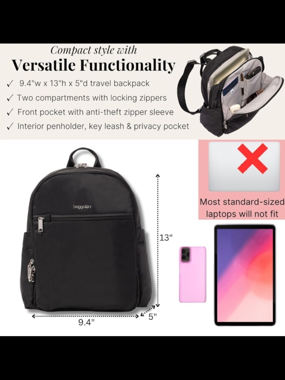 Baggallini Black Everyday Travel Backpack - Picture 8 of 10